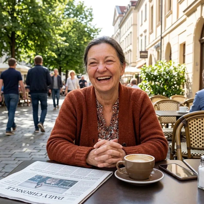 Older woman smiling at an outdoor cafe after adding GlucoAloha to her routine