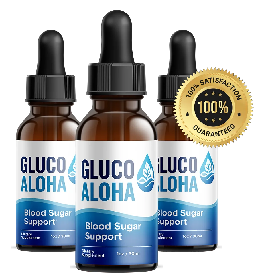 GlucoAloha bottles with a 100% money-back guarantee seal