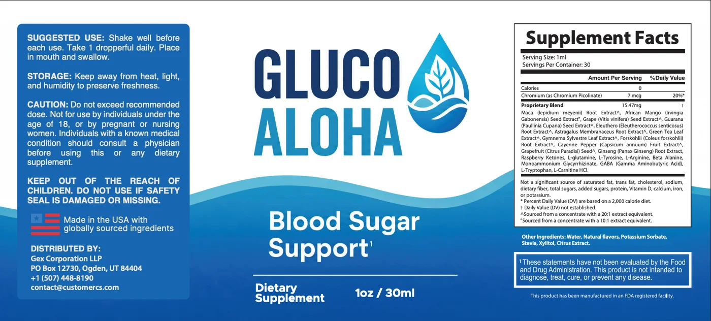 GlucoAloha label showing chromium picolinate and the full proprietary botanical blend