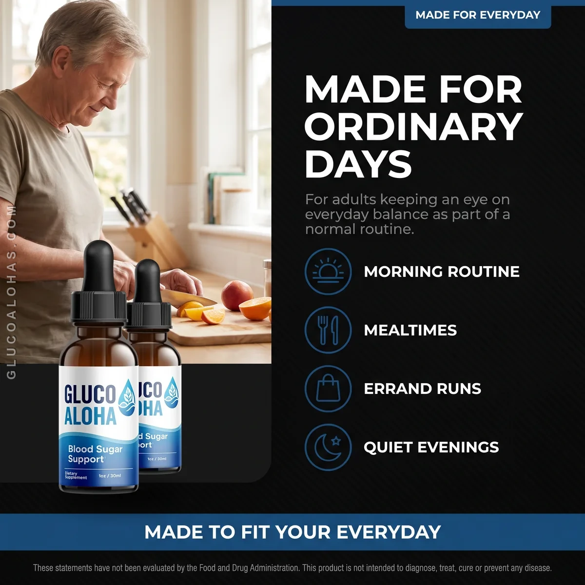 GlucoAloha liquid drops supporting healthy blood sugar as part of an everyday routine