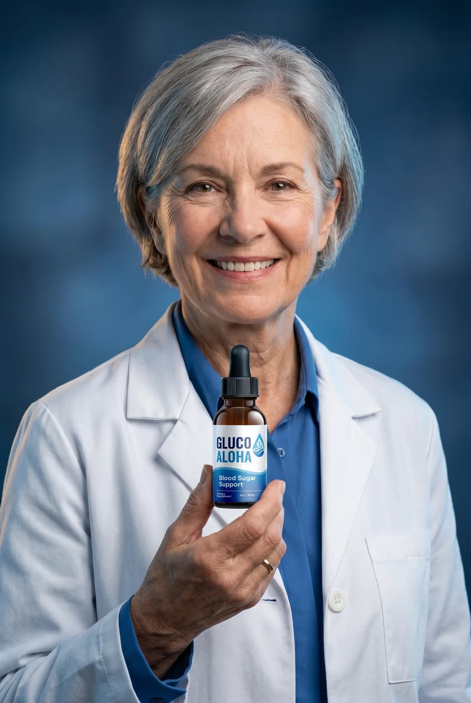 Health professional in a white coat holding a bottle of GlucoAloha blood sugar drops
