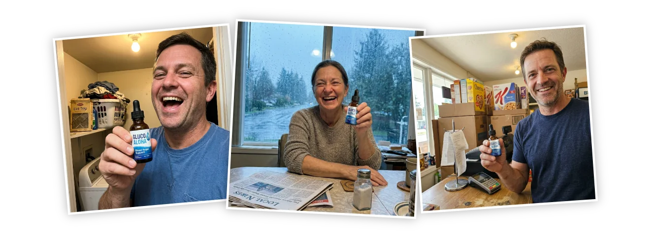 GlucoAloha customers holding their liquid-drop bottles at home