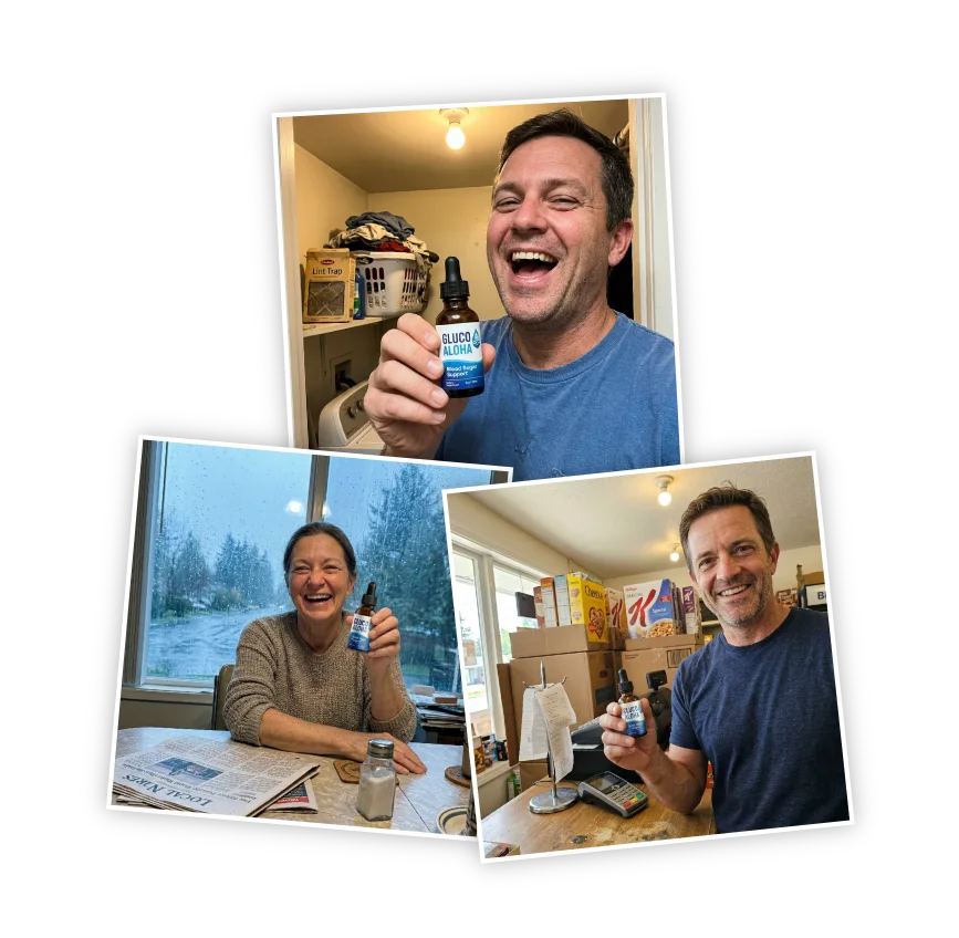 GlucoAloha customers holding their liquid-drop bottles at home