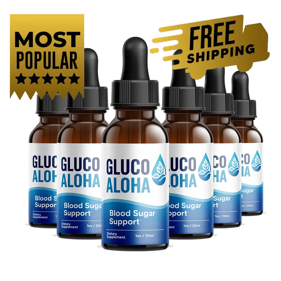 GlucoAloha liquid-drop bottles shown together, available in 1, 3 and 6-bottle packages